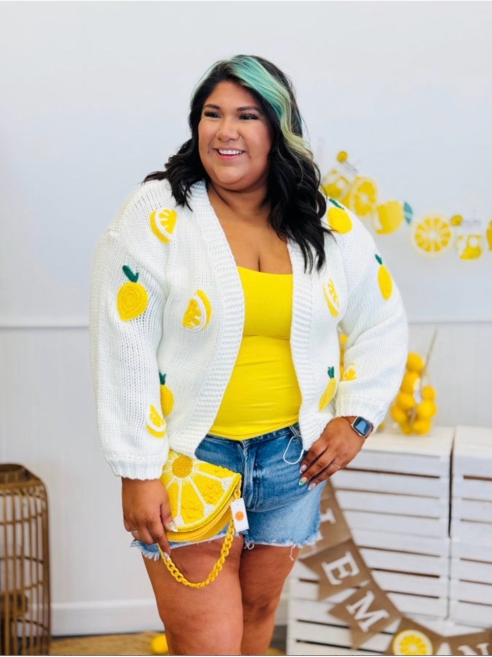 White 3D Lemon Patch Open-Front Sweater Cardigan with matching tank.